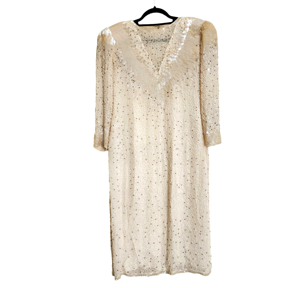 Vintage Women's Cream Beaded Sequins 100% Silk Party Long Dress Size 14